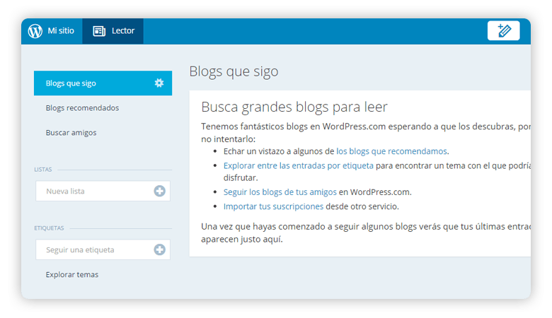Pantalla de inidio de wordpress